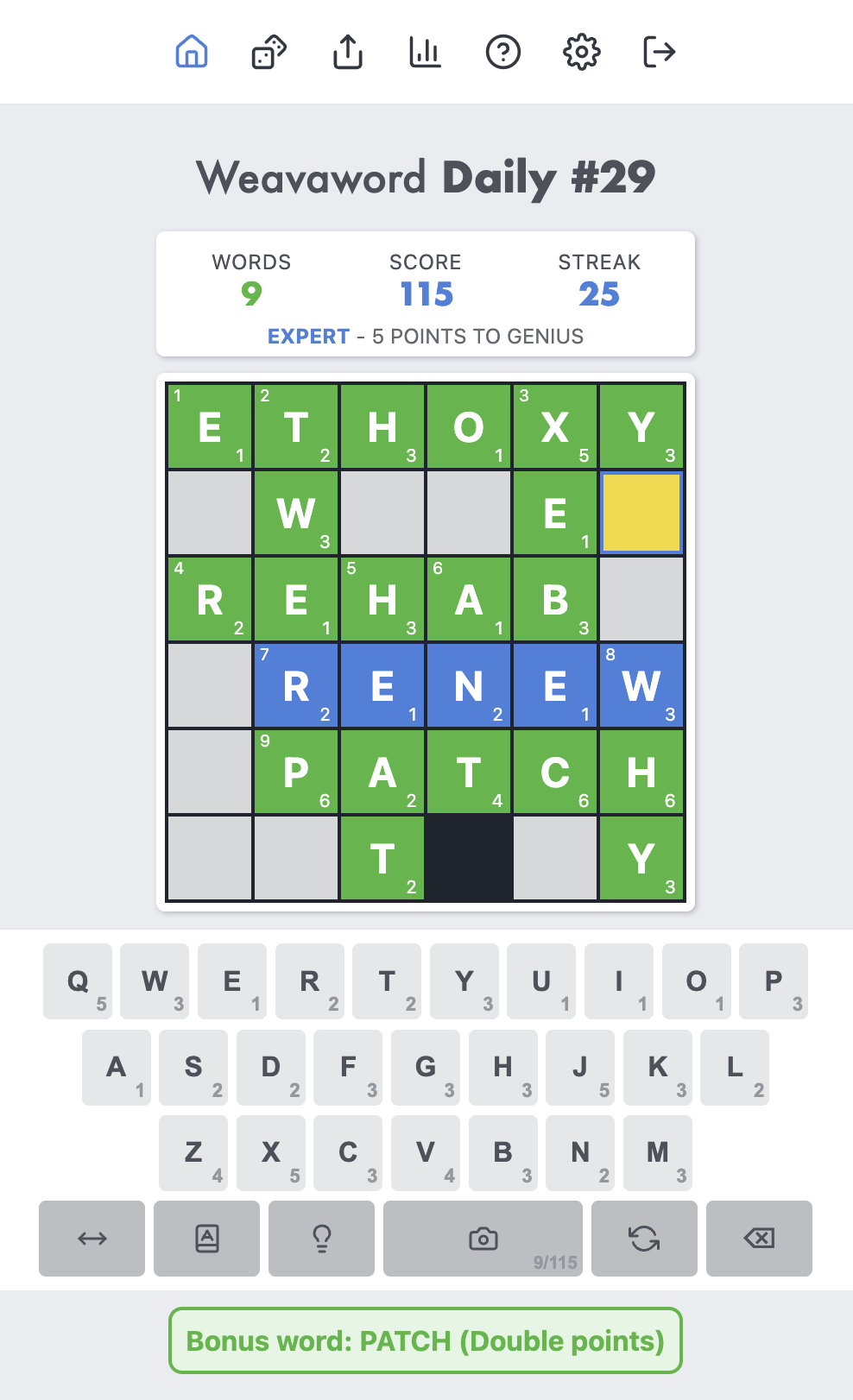 Weavaword version 0.44.17 screenshot — full daily puzzle with stats bar and on-screen keyboard
