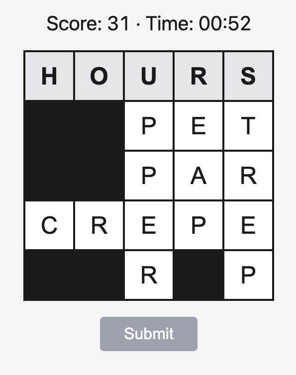 Weavaword version 0.1.0 screenshot — plain 5x5 grid with a Submit button